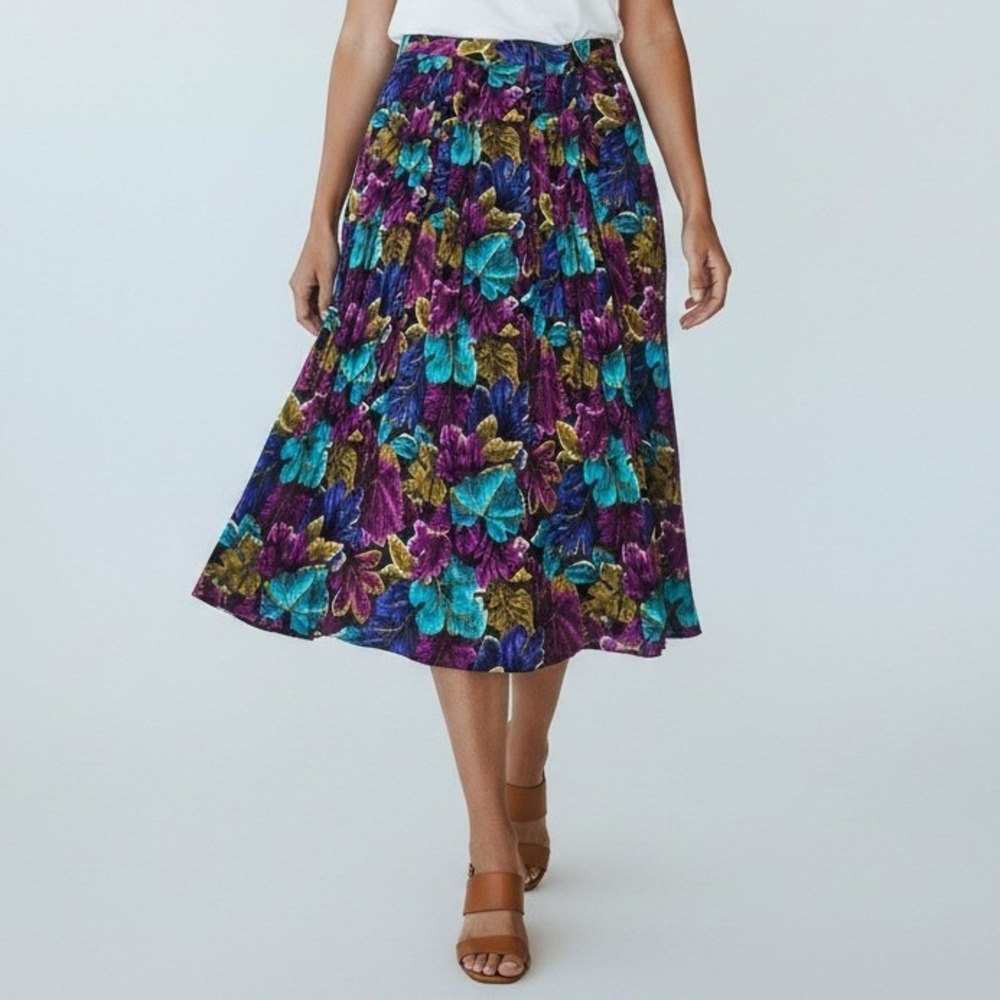 In Group Ltd Vintage 90s Jewel Tone Floral Maxi Skirt Purple Teal Rayon USA 14